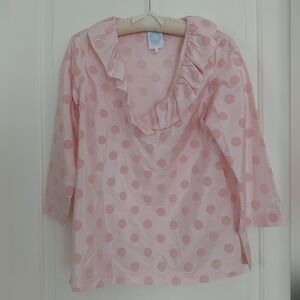 Devon Baer Womens Silk Top M Pink Flocked Dot Blouse Lightweight Ruffle Retro
